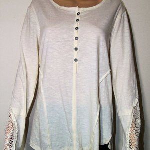 Mona B Yoked Lace Henley Top - ECRU (CREAM)